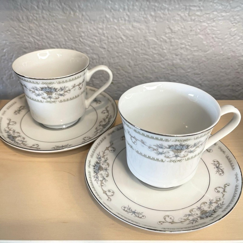 Vintage Fine China Japan Diane Pattern Porcelain‎ Teacups + Saucers Set of 2